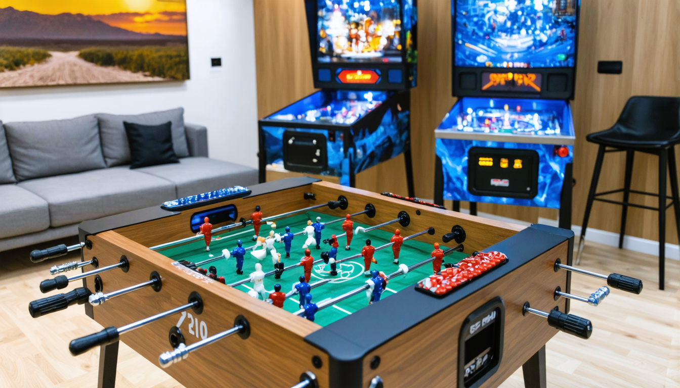aménagez un espace de détente chez vous avec un flipper et un babyfoot : des jeux ludiques et conviviaux pour partager des moments inoubliables en famille et transformer votre maison en véritable coin de paradis.